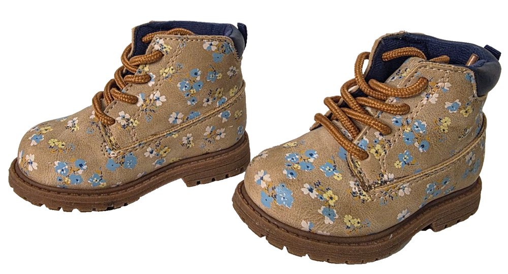 OshKosh B'gosh Toddler Girls 4M Judi Tan Blue Floral Lace Up Ankle Combat Boots